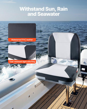 Boat Seat, Low Backrest, Folding Fishing Boat Seat with Thickened Sponge Cushion & Waterproof PVC Leather, Aluminum Alloy Hinges, Flip Up Boat Seat for Fishing Boats, Yachts, Ships, Black & Grey