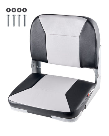 Boat Seat, Low Backrest, Folding Fishing Boat Seat with Thickened Sponge Cushion & Waterproof PVC Leather, Aluminum Alloy Hinges, Flip Up Boat Seat for Fishing Boats, Yachts, Ships, Black & Grey