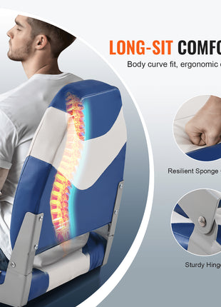Blue and white ergonomic gaming chair with resilient sponge cushion and sturdy hinge for long-sit comfort.
