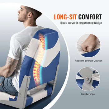 Blue and white ergonomic gaming chair with resilient sponge cushion and sturdy hinge for long-sit comfort.