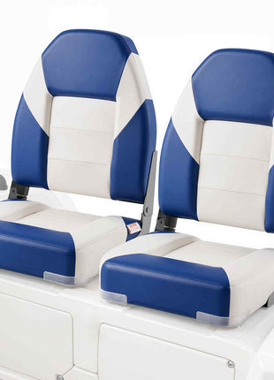 Blue and white upholstered boat seats with high-back design, perfect for comfort and style on the water.