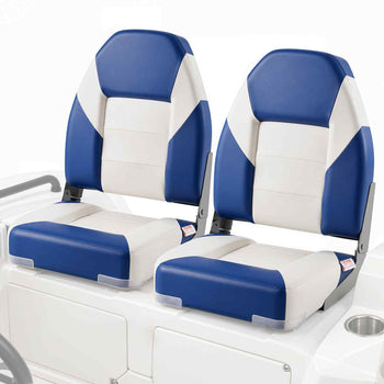 Blue and white upholstered boat seats with high-back design, perfect for comfort and style on the water.