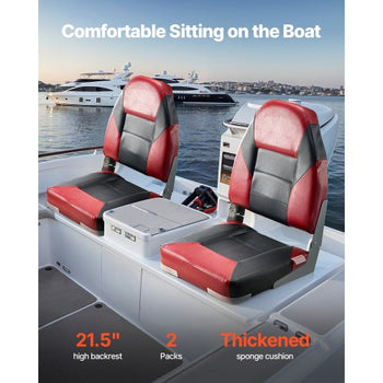 Boat Seat, High Backrest, Folding Fishing Boat Seat with Thickened Sponge Cushion & Waterproof PVC Leather, Aluminum Alloy Hinges, Flip Up Boat Seat for Boats, Yachts, Ships, Black & Red