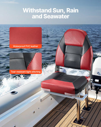 Boat Seat, High Backrest, Folding Fishing Boat Seat with Thickened Sponge Cushion & Waterproof PVC Leather, Aluminum Alloy Hinges, Flip Up Boat Seat for Boats, Yachts, Ships, Black & Red