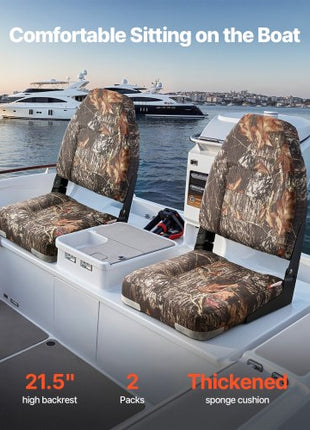 Boat Seat, High Backrest, Folding Fishing Boat Seat with Thickened Sponge Cushion & PU Polyester Fabric, Aluminum Alloy Hinges, Flip Up Boat Seat for Boats, Yachts, Ships, Camouflage (2 Seats)
