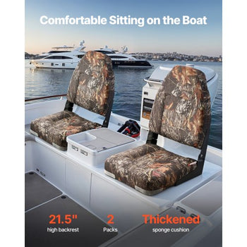 Boat Seat, High Backrest, Folding Fishing Boat Seat with Thickened Sponge Cushion & PU Polyester Fabric, Aluminum Alloy Hinges, Flip Up Boat Seat for Boats, Yachts, Ships, Camouflage (2 Seats)