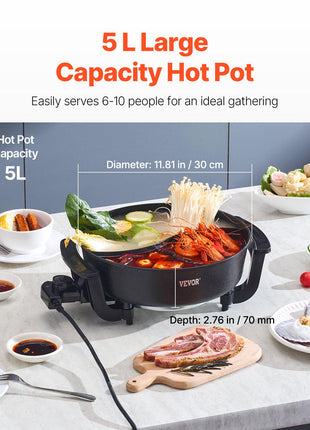 Electric Hot Pot, 1360W 5 L Double-flavor Shabu Shabu Pot, Non-Stick Electric Cooker with Divider, Clear Glass Lid, Temperature control, Chinese Hotpot for 6-10 People Family Dinning & Party