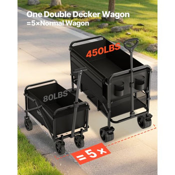 Double Decker Wagon Collapsible, 400L Heavy Duty Folding Wagon Cart, Extended Long Garden Cart with All-Terrain Wheels, Support Up to 450lbs, Outdoor Utility Wagon for Camping, Sports, Shopping