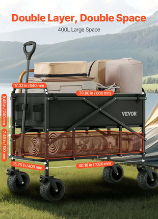 Double Decker Wagon Collapsible, 400L Heavy Duty Folding Wagon Cart, Extended Long Garden Cart with All-Terrain Wheels, Support Up to 450lbs, Outdoor Utility Wagon for Camping, Sports, Shopping