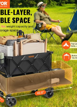 Foldable Double Decker Wagon, 400L Collapsible Wagon Cart with All-Terrain Wheels, Heavy Duty Folding Wagon Cart 350-450 lbs Weight Capacity for Camping, Shopping, Garden, 52" Extra Long Extender