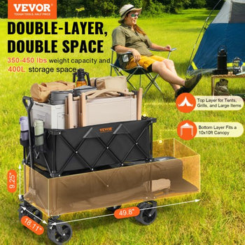 Foldable Double Decker Wagon, 400L Collapsible Wagon Cart with All-Terrain Wheels, Heavy Duty Folding Wagon Cart 350-450 lbs Weight Capacity for Camping, Shopping, Garden, 52" Extra Long Extender