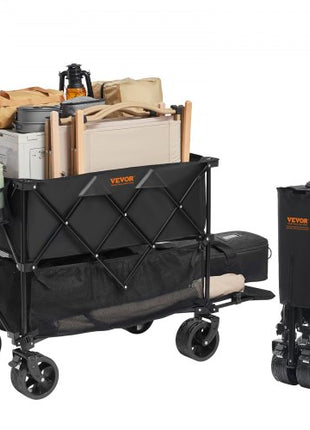Foldable Double Decker Wagon, 400L Collapsible Wagon Cart with All-Terrain Wheels, Heavy Duty Folding Wagon Cart 350-450 lbs Weight Capacity for Camping, Shopping, Garden, 52" Extra Long Extender