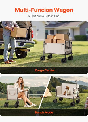 Collapsible Folding Wagon, 550lb Load & 220L, 2 in 1 Foldable Wagon Cart Converts to Bench, Utility Wagon with Adjustable Handle, Outdoor Cart for Groceries Shopping, Camping, Gardening