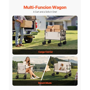 Collapsible Folding Wagon, 550lb Load & 220L, 2 in 1 Foldable Wagon Cart Converts to Bench, Utility Wagon with Adjustable Handle, Outdoor Cart for Groceries Shopping, Camping, Gardening
