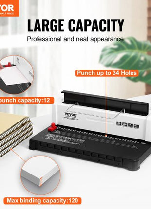 Coil Spiral Binding Machine, Manual Book Maker 34-Holes Binding 120 Sheets, Punch Binder Adjustable 3/16" - 9/16" Coil Binding Spines, for Letter Size, A4, A5