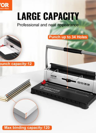 Coil Spiral Binding Machine, Manual Book Maker 34-Holes Binding 120 Sheets, Punch Binder with Adjustable 3/16" - 9/16" Coil Binding Spines and Side Margin, for Letter Size, A4, A5