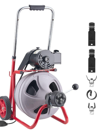 Drain Cleaner Machine 75 FT x 3/8 Inch, Auto Feed Sewer Snake Drain Auger on Wheels, Portable Drain Cleaning Machine with 8 Cutters & Air-Activated Foot Switch for 2" to 4" Pipes