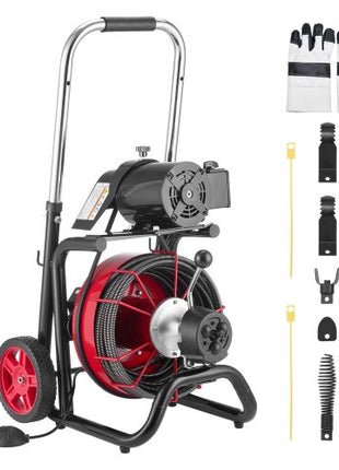 Drain Cleaner Machine 100 FT x 3/8 Inch, Auto Feed Sewer Snake Auger on Wheels - with 8 Cutters & Air-Activated Foot Switch for 2" to 4" Pipes