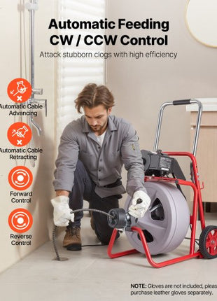 Drain Cleaner Machine 75 FT x 1/2 Inch, Auto Feed Sewer Snake Drain Auger on Wheels, Portable Drain Cleaning Machine with 8 Cutters & Air-Activated Foot Switch for 2" to 6" Pipes