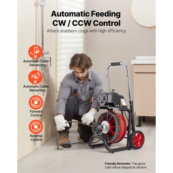 Drain Cleaner Machine 100 FT x 1/2 Inch, Auto Feed Sewer Snake Auger on Wheels - with 8 Cutters & Air-Activated Foot Switch for 2" to 6" Pipes