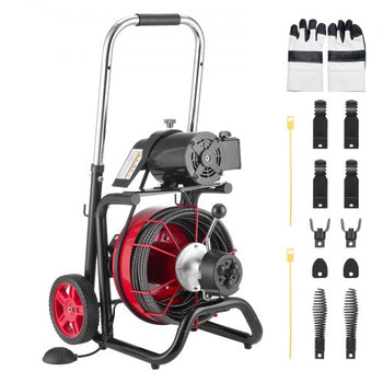 Drain Cleaner Machine 100 FT x 1/2 Inch, Auto Feed Sewer Snake Auger on Wheels - with 8 Cutters & Air-Activated Foot Switch for 2" to 6" Pipes