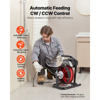 Drain Cleaner Machine 50 FT x 5/16 Inch, Auto Feed Sewer Snake Auger with 4 Cutters & Air-Activated Foot Switch for 2" to 4" Pipes