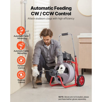 Drain Cleaner Machine 100 FT x 3/8 Inch, Auto Feed Sewer Snake Drain Auger on Wheels, Portable Drain Cleaning Machine with 8 Cutters & Air-Activated Foot Switch for 2" to 4" Pipes