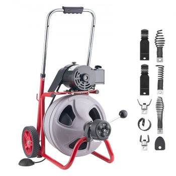 Drain Cleaner Machine 100 FT x 3/8 Inch, Auto Feed Sewer Snake Drain Auger on Wheels, Portable Drain Cleaning Machine with 8 Cutters & Air-Activated Foot Switch for 2" to 4" Pipes