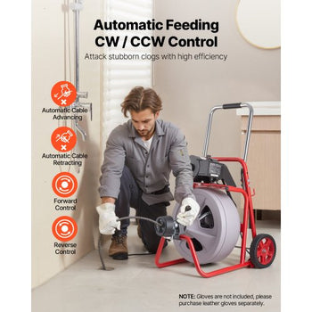 Drain Cleaner Machine 100 FT x 1/2 Inch, Auto Feed Sewer Snake Drain Auger on Wheels, Portable Drain Cleaning Machine with 8 Cutters & Air-Activated Foot Switch for 2" to 6" Pipes