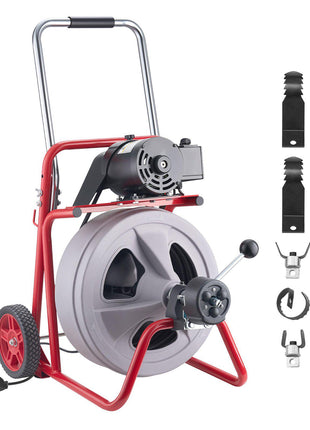 Drain Cleaner Machine 100 FT x 1/2 Inch, Auto Feed Sewer Snake Drain Auger on Wheels, Portable Drain Cleaning Machine with 8 Cutters & Air-Activated Foot Switch for 2" to 6" Pipes