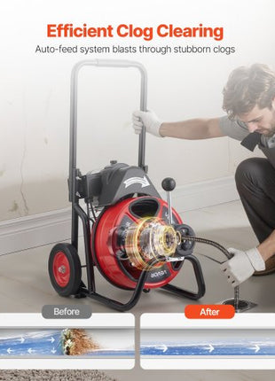 Drain Cleaner Machine 75 FT x 1/2 Inch, Auto Feed Sewer Snake Auger on Wheels, Portable Drain Cleaning Machine with 4 Cutters & Air-activated Foot Switch for 2" to 6" Pipes