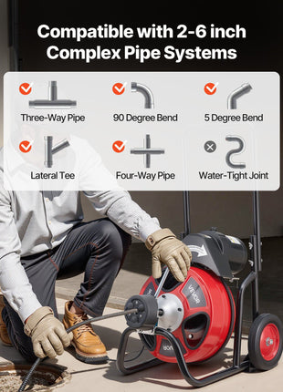 Drain Cleaner Machine 75 FT x 1/2 Inch, Auto Feed Sewer Snake Auger on Wheels, Portable Drain Cleaning Machine with 4 Cutters & Air-activated Foot Switch for 2" to 6" Pipes