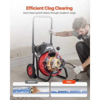 Drain Cleaner Machine 50 FT x 3/8 Inch, Auto Feed Sewer Snake Auger on Wheels, Portable Drain Cleaning Machine with 4 Cutters & Air-activated Foot Switch for 2" to 4" Pipes