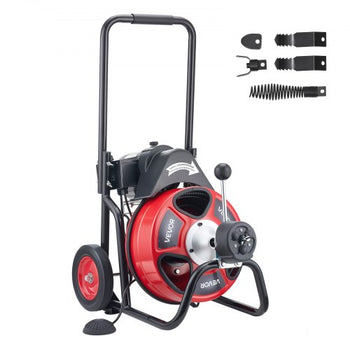 Drain Cleaner Machine 50 FT x 1/2 Inch, Auto Feed Sewer Snake Auger on Wheels, Portable Drain Cleaning Machine with 4 Cutters & Air-activated Foot Switch for 2" to 6" Pipes