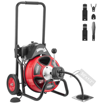 Drain Cleaner Machine 50 FT x 1/2 Inch, Auto Feed Sewer Snake Auger on Wheels, Portable Drain Cleaning Machine with 4 Cutters & Air-activated Foot Switch for 2" to 6" Pipes