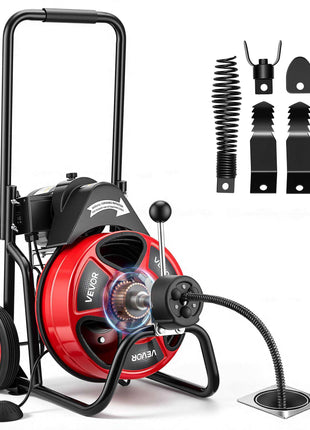 Drain Cleaner Machine 100 FT x 1/2 Inch, Auto Feed Sewer Snake Auger on Wheels, Portable Drain Cleaning Machine with 4 Cutters & Air-activated Foot Switch for 2" to 6" Pipes