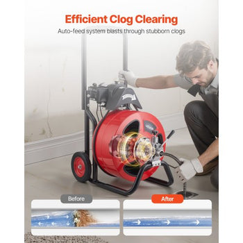Drain Cleaner Machine 100 FT x 3/4 Inch, Auto Feed Sewer Snake Auger on Wheels, Portable Drain Cleaning Machine with 4 Cutters & Air-activated Foot Switch for 4" to 8" Pipes