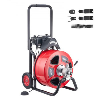 Drain Cleaner Machine 100 FT x 3/4 Inch, Auto Feed Sewer Snake Auger on Wheels, Portable Drain Cleaning Machine with 4 Cutters & Air-activated Foot Switch for 4" to 8" Pipes