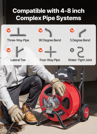 Drain Cleaner Machine 100 FT x 3/4 Inch, Auto Feed Sewer Snake Auger on Wheels, Portable Drain Cleaning Machine with 4 Cutters & Air-activated Foot Switch for 4" to 8" Pipes