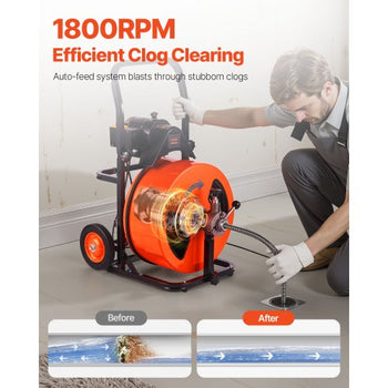 Drain Cleaning Machine 100FT x 3/4 Inch, Sewer Snake Machine Auto Feed, Drain Auger Cleaner with 4 Cutter & Air-Activated Foot Switch for 1" to 4" Pipes