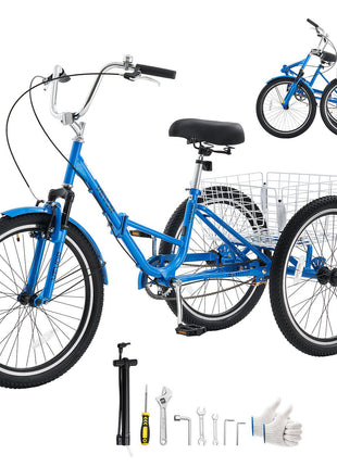 Folding Adult Tricycle 24 inch 3 Wheel Foldable Trikes for Adult, Cruiser Bike with Cargo Basket, Adjustable Seat, and Double-Wall Wheel Rims, Shopping Picnic Tricycles for Women, Men, Seniors