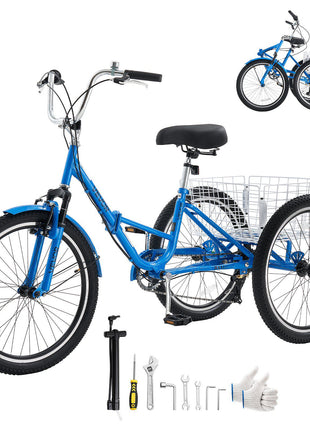 Folding Adult Tricycle 24 inch 7 Speed Foldable Trikes for Adult, 3 Wheel Cruiser Bike w/ Cargo Basket, Adjustable Seat, Double-Wall Wheel Rims, Shopping Picnic Tricycles for Women, Men, Senior