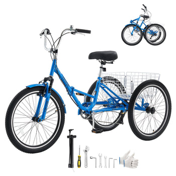 Folding Adult Tricycle 24 inch 7 Speed Foldable Trikes for Adult, 3 Wheel Cruiser Bike w/ Cargo Basket, Adjustable Seat, Double-Wall Wheel Rims, Shopping Picnic Tricycles for Women, Men, Senior