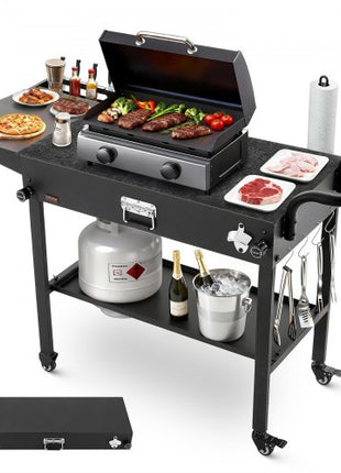 Outdoor Grill Cart, 31.0 x 17.0 inch Tabletop Size Grilling Table, Foldable Outdoor Cooking Table with Tissue Holder, Hooks, Wheels, Side Table, BBQ Prep Tables for Picnic, Kitchen, Courtyard