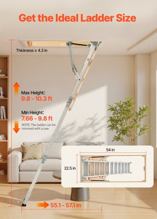 Attic Ladder, 375LBS / 170KG Capacity, 9.8 to 10.3 ft / 3 to 3.13 m Height Adjustable, Multi-Purpose Foldable Aluminium Attic Stairs, Fits 7.66 to 10.25 ft Ceiling Heights for Convenient Access