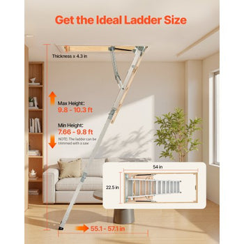 Attic Ladder, 375LBS / 170KG Capacity, 9.8 to 10.3 ft / 3 to 3.13 m Height Adjustable, Multi-Purpose Foldable Aluminium Attic Stairs, Fits 7.66 to 10.25 ft Ceiling Heights for Convenient Access