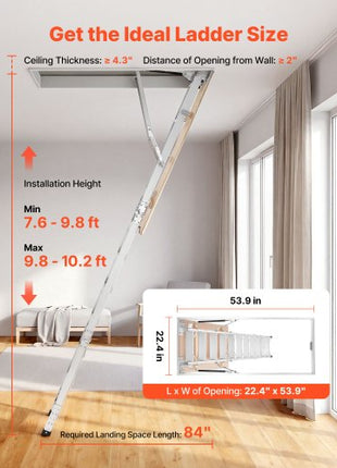 Aluminum Attic Ladder, Fits 9.8'-10.3'/7.66'-9.8' Ceiling Height, 54" x 22.5" Opening, 375 lbs Load Capacity, Multi-Purpose Foldable Lightweight and Portable Attic Stairs for Convenient Access