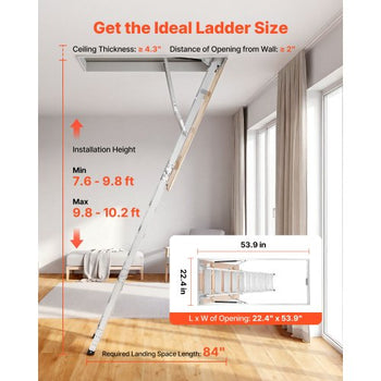 Aluminum Attic Ladder, Fits 9.8'-10.3'/7.66'-9.8' Ceiling Height, 54" x 22.5" Opening, 375 lbs Load Capacity, Multi-Purpose Foldable Lightweight and Portable Attic Stairs for Convenient Access