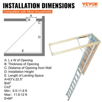 Attic Ladder Foldable, 350-pound Capacity, 22.5" x 63", Multi-Purpose Aluminium Extension, Lightweight and Portable, Fits 9.5'-12' Ceiling Heights, Convenient Access to Your Attic Standard