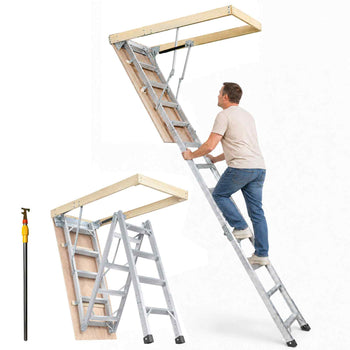 Aluminum folding attic ladder with wooden frame, silver finish, and adjustable height for easy access to storage spaces.